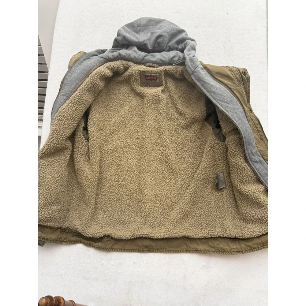 Levis Trucker Jacket Mens XL Khaki Military Field Hood Utility Chore Sherpa Line